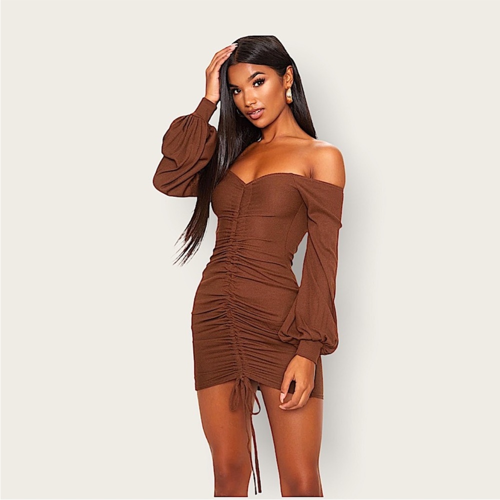 Pretty Little Thing Long-Sleeve Brown Ruched Mini Dress